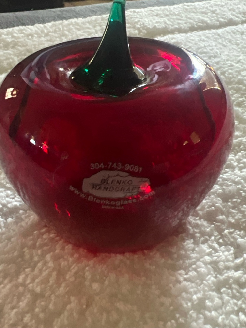 Blenko Handcrafted Red Glass Apple Accent with Green Stem the tip of stem broken